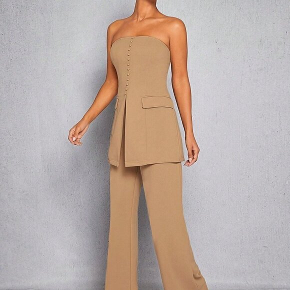 Camel Elegant Women's Button Split Tube Top & Pants Set - Picture 4 of 4